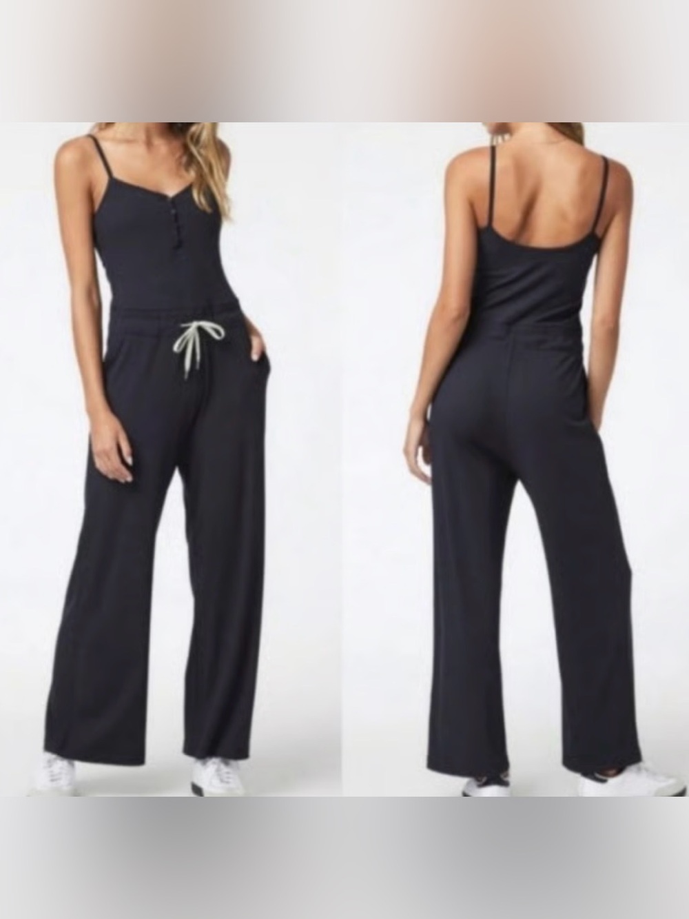 Vuori Black Wide-Leg Spaghetti-Strap Jumpsuit